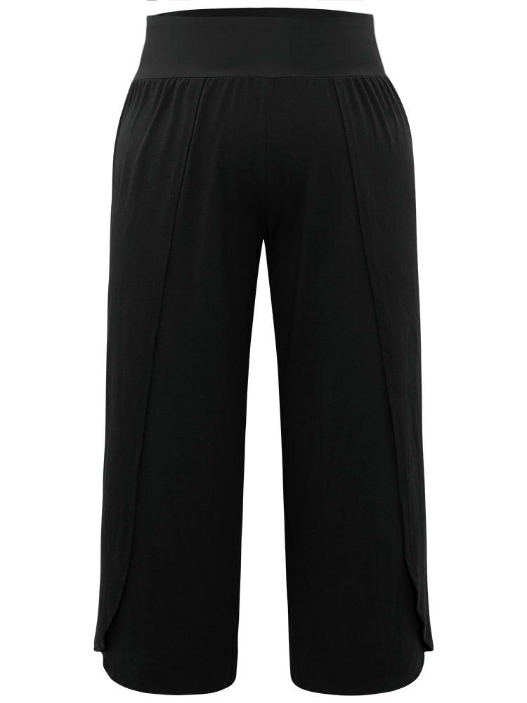 Plain Wrap Hem Wideband Waist Wide Leg Pants