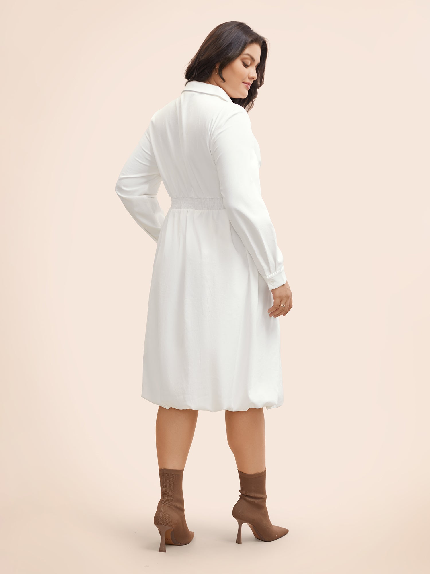 Plain Shirt Collar Shirred Bubble Dress