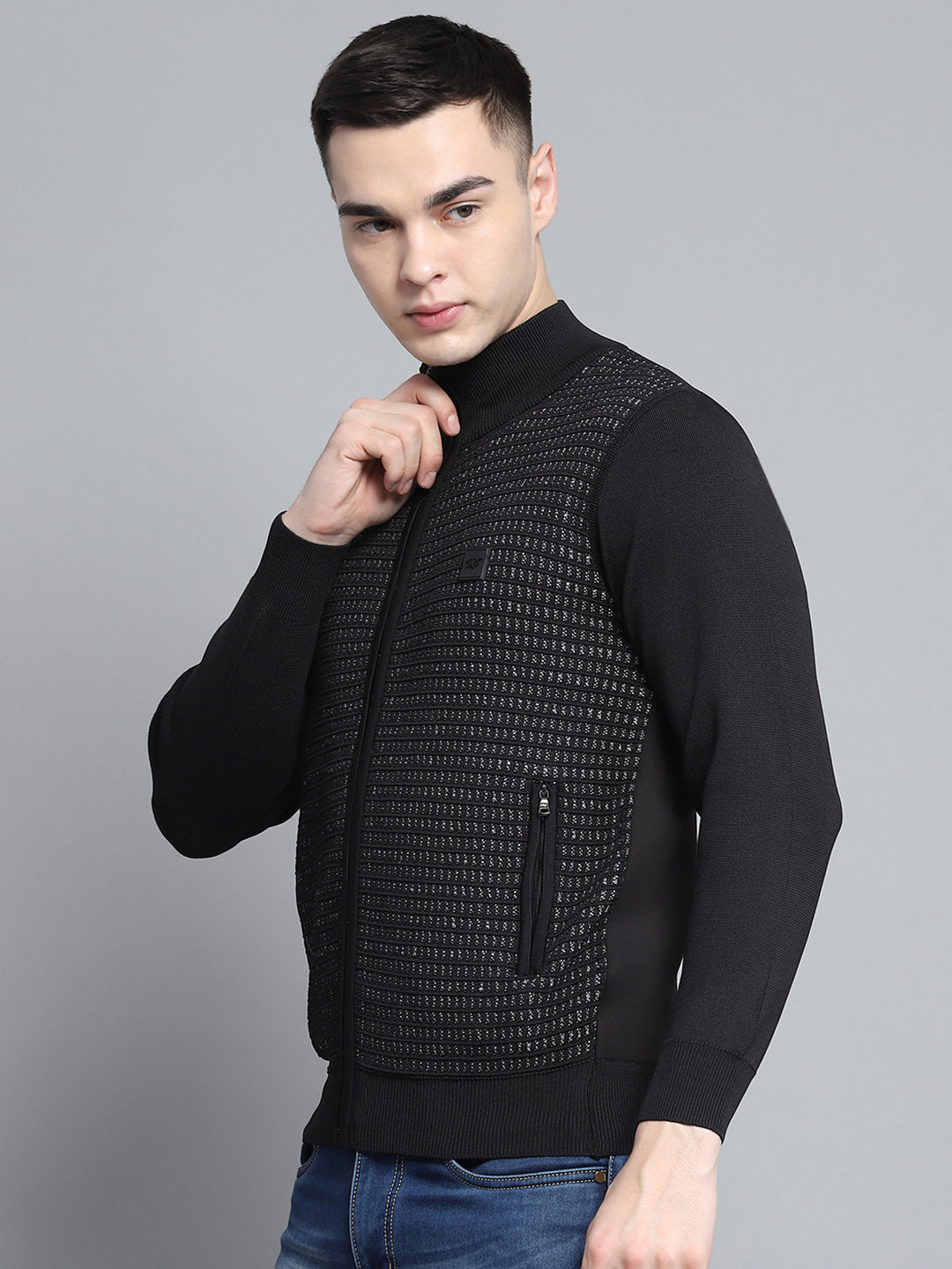 Men Black Self Design Mock Neck Full Sleeve Pullover