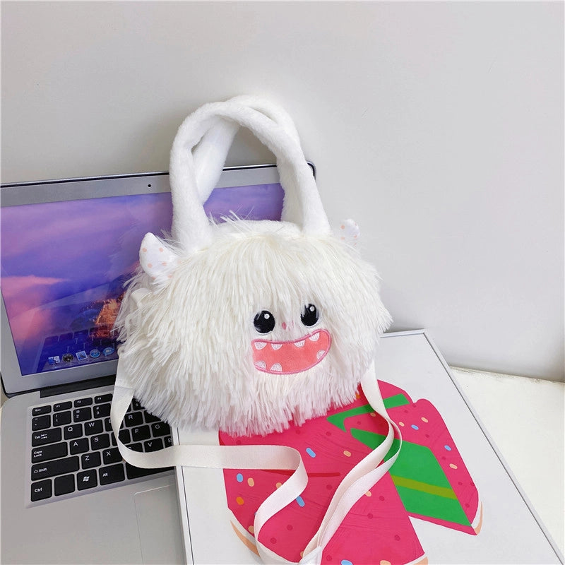 Women's Plush Solid Color Cute Bucket Zipper Handbag