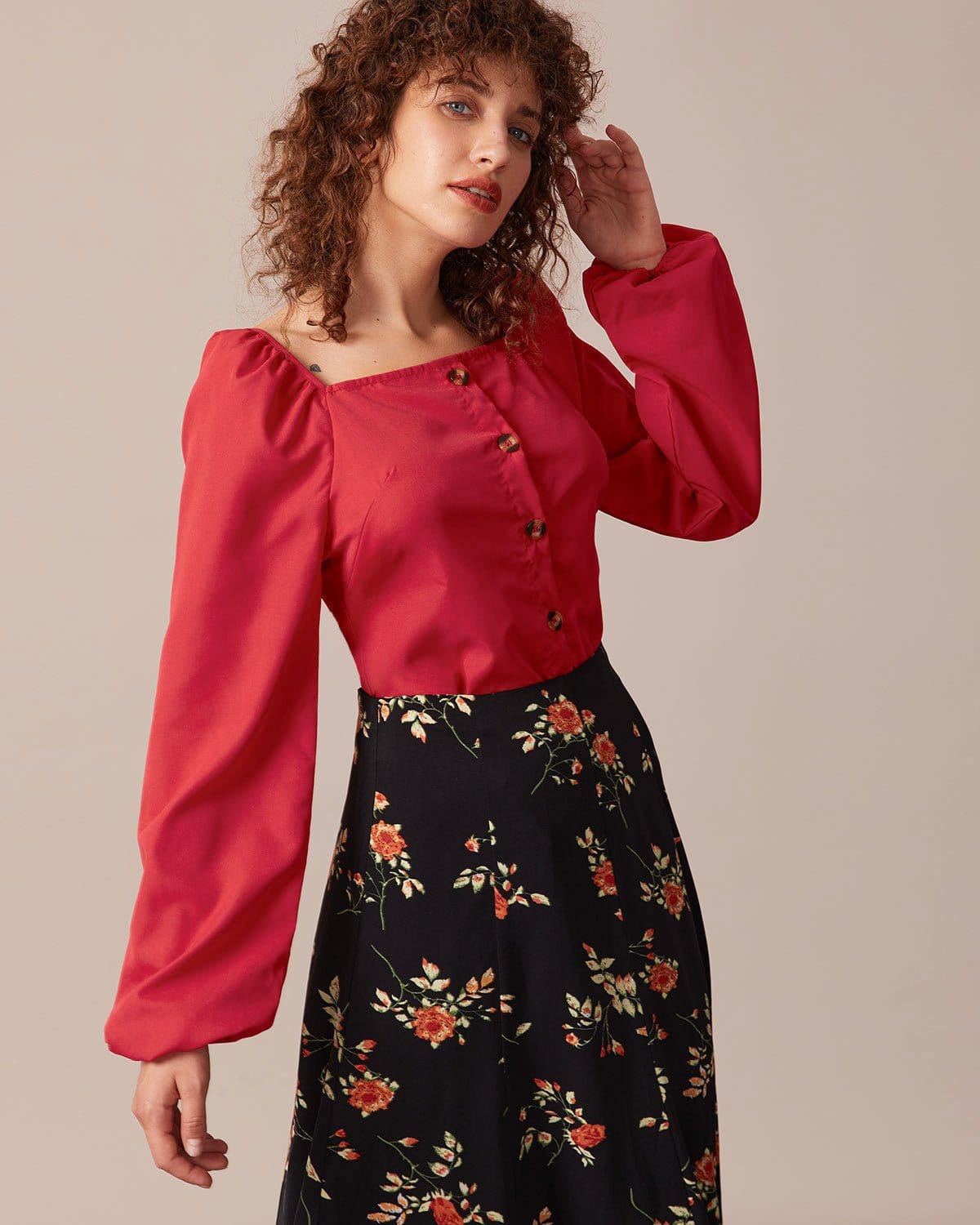 The Red Square Neck Button Puff Sleeve Blouse