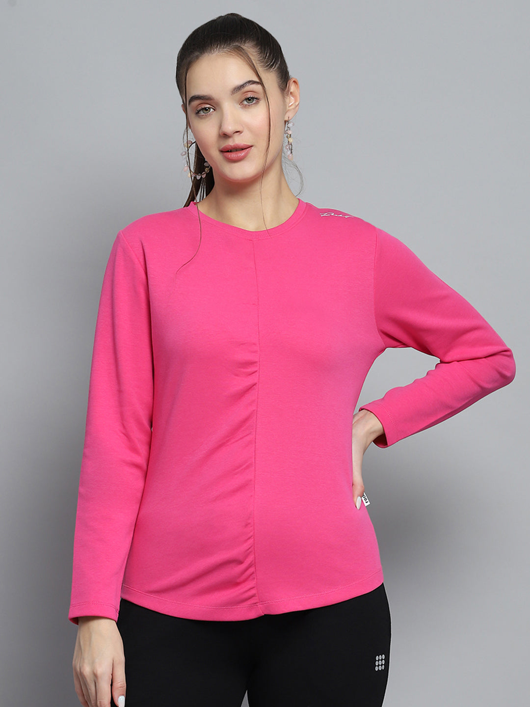 Women Pink Solid Round Neck Full Sleeve Winter Tops