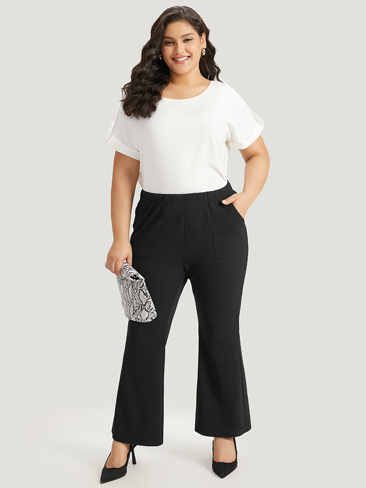 Solid Pocket Flare Leg Elastic Waist Pants