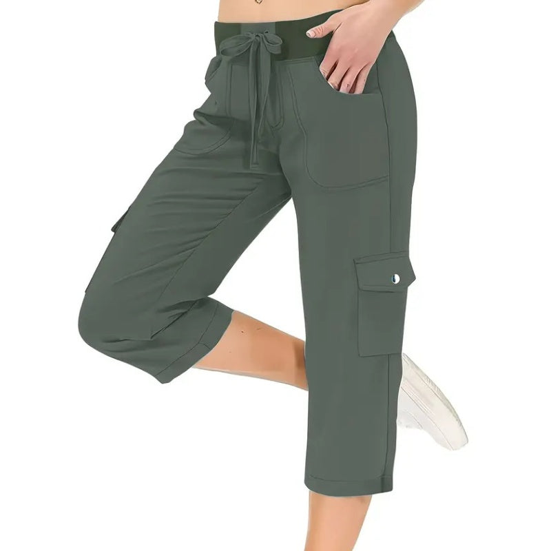🌿Women's Solid Color High-Waist Drawstring 3/4-Length Cargo Pants