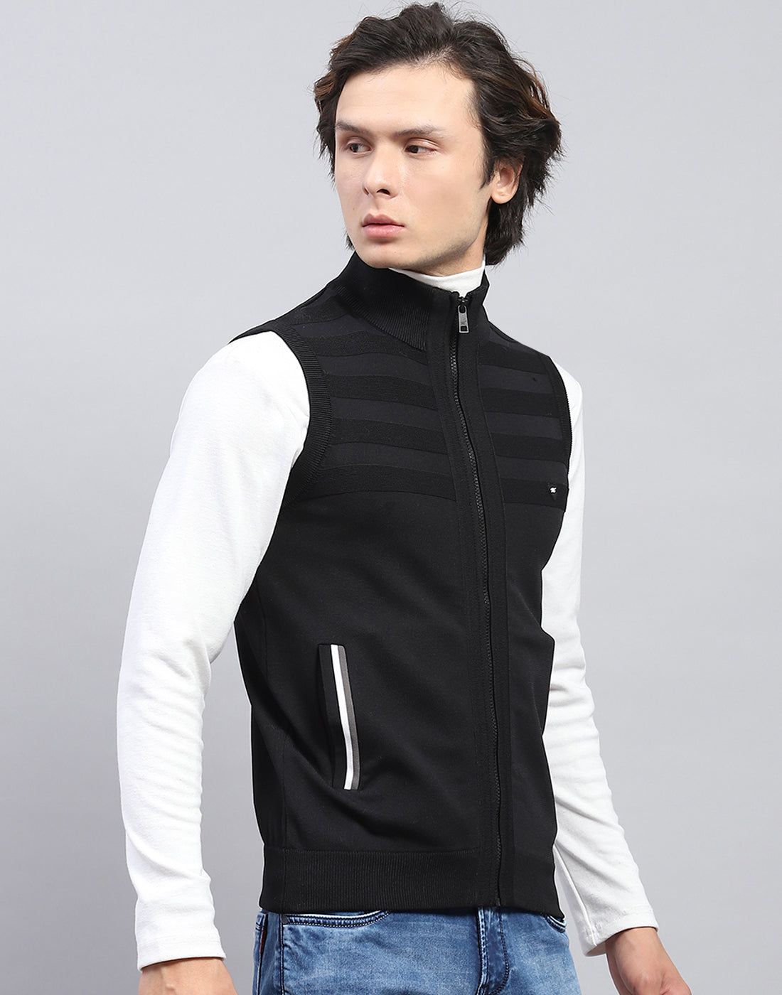 Men Black Solid Mock Neck Sleeveless Sweater