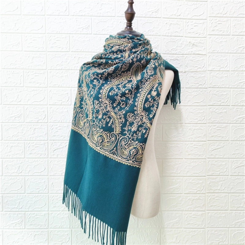 Women's Retro Printing Imitation Cashmere Embroidery Scarf
