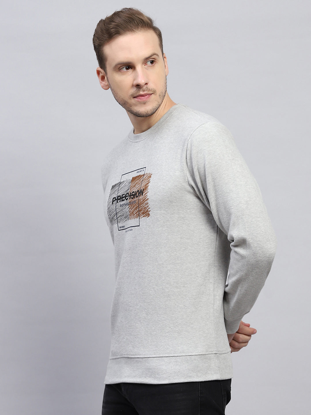 Men Grey Printed Round Neck Full Sleeve Sweatshirt