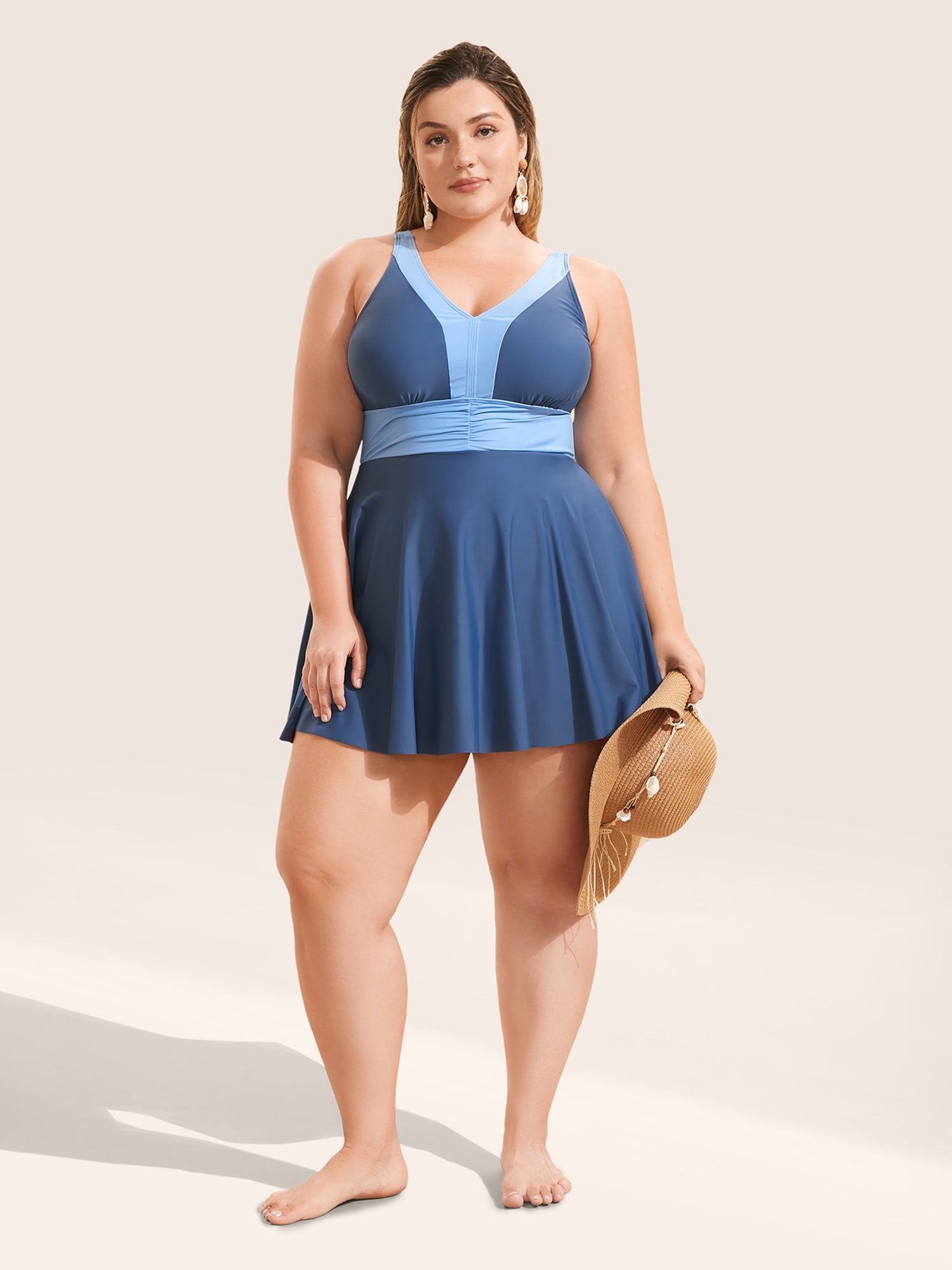Two Tone Patchwork Gathered Swim Dress
