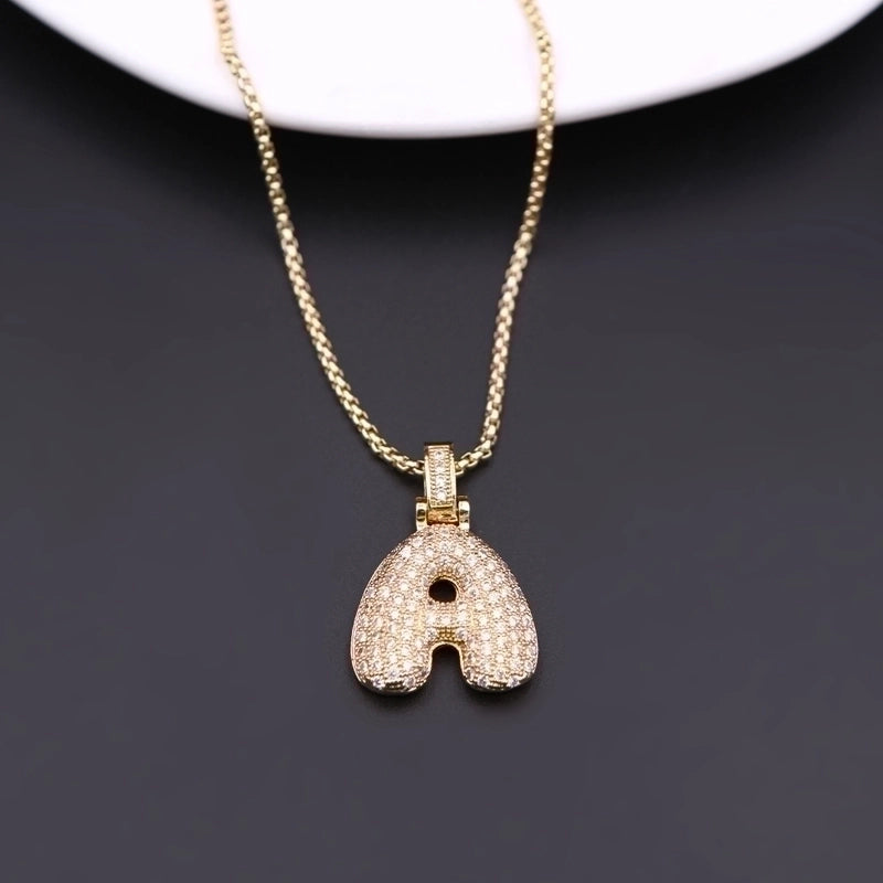Copper Minimalist Shiny Plating Hollow Out Inlay Letter Zircon Pendant Necklace