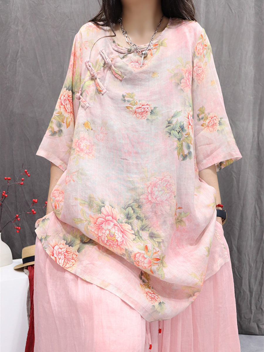 Women Summer Retro Flower O-Neck 100%Ramie Shirt