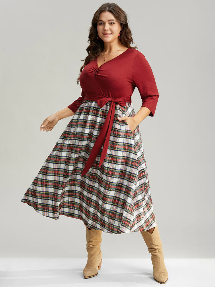 Christmas Plaid Patchwork Ruched Belted Dress