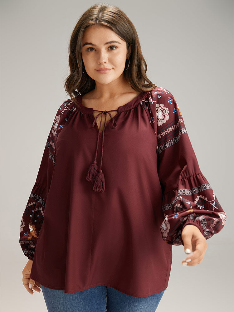 Boho Print Tie Neck Tassel Trim Blouse