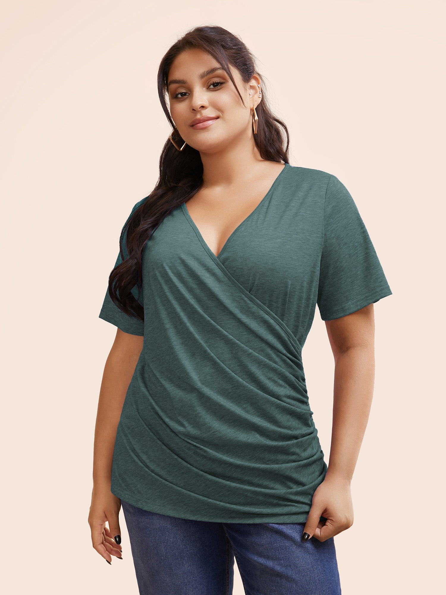 Solid Heather Overlap Collar Gathered T-shirt