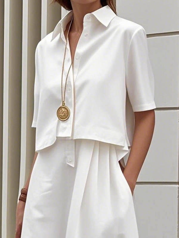 False Two Half Sleeves Buttoned Solid Color Lapel Midi Dresses Shirt Dress