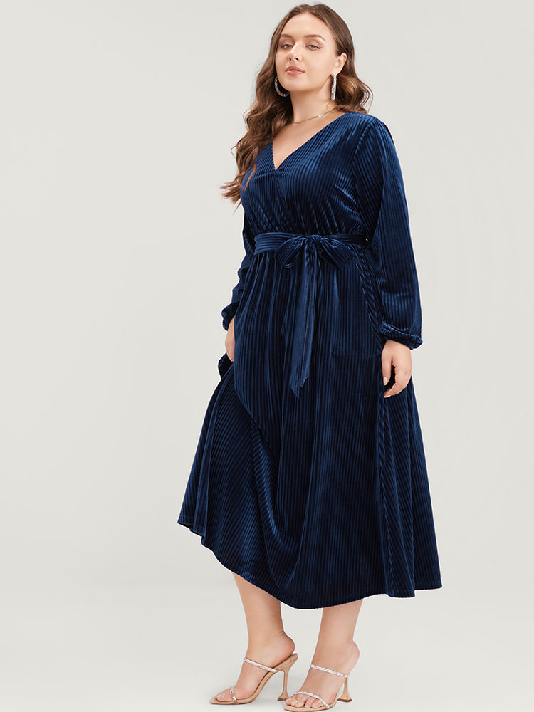 Striped Velvet Pocket Lantern Sleeve Belted Wrap Dress