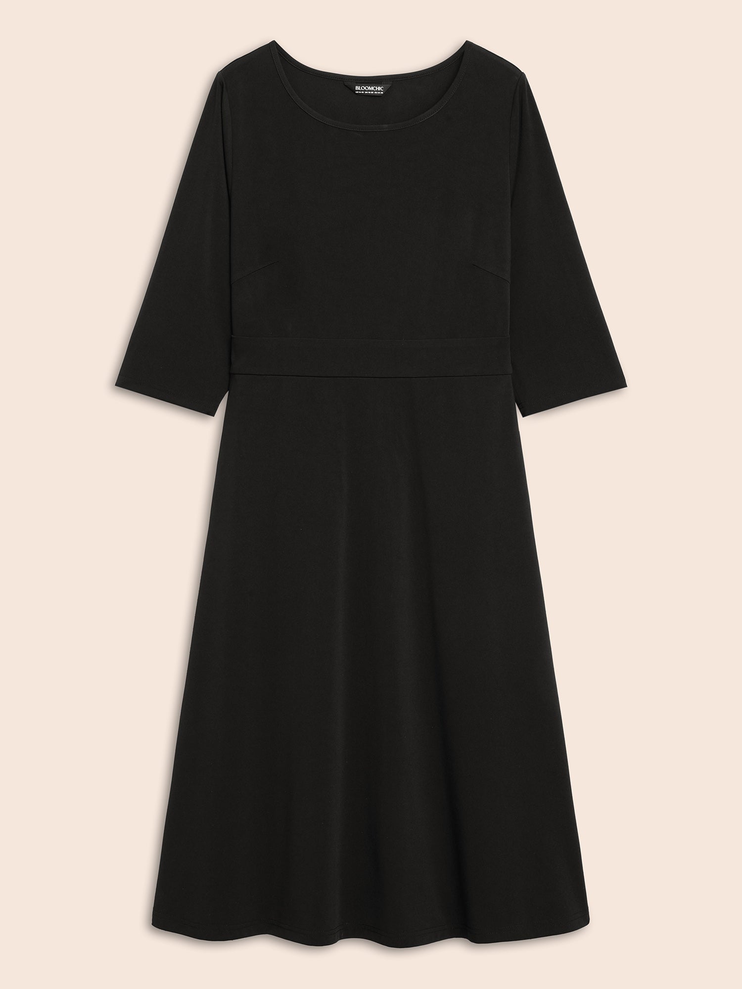 Solid Round Neck Shirred Midi Dress