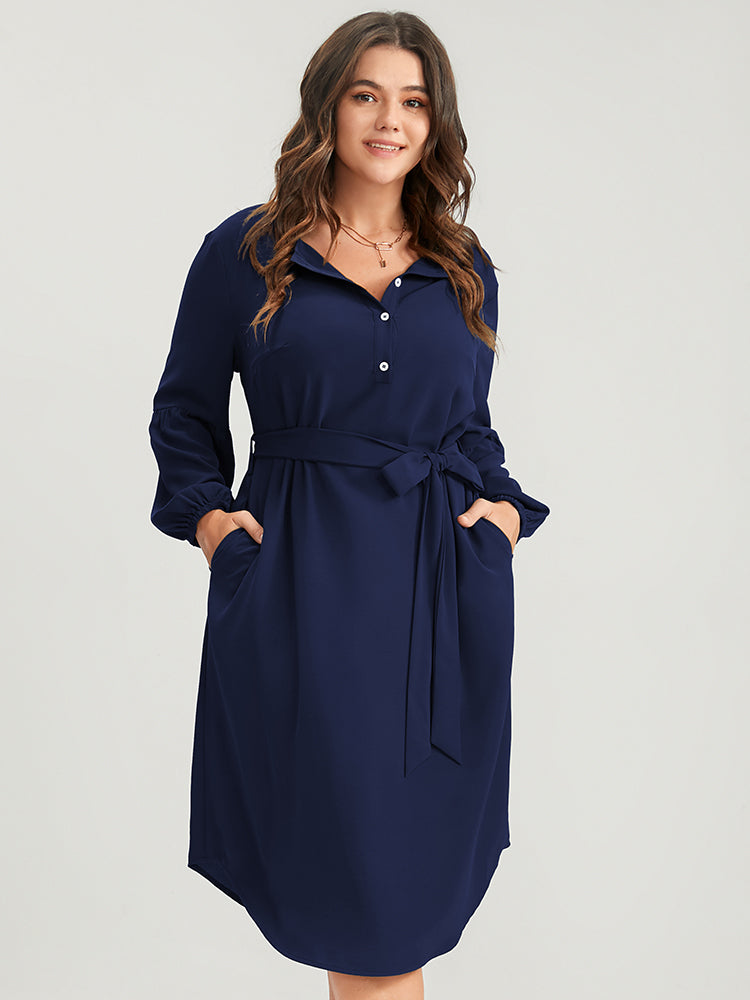 Solid Lantern Sleeve Button Pocket Belted Arc Hem Dress