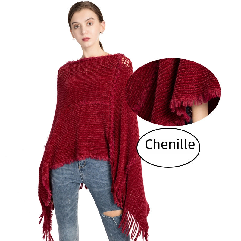 Tassel Knitted Shawl Women Autumn And Winter New Chenille Cashmere Pullover Cape Spot