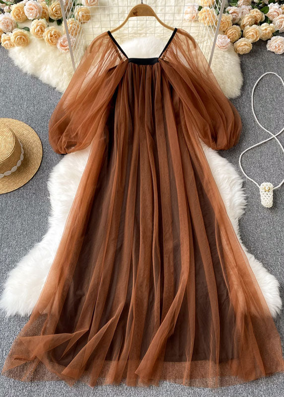 Coffee Square Collar Wrinkled Patchwork Tulle Dresses Lantern Sleeve