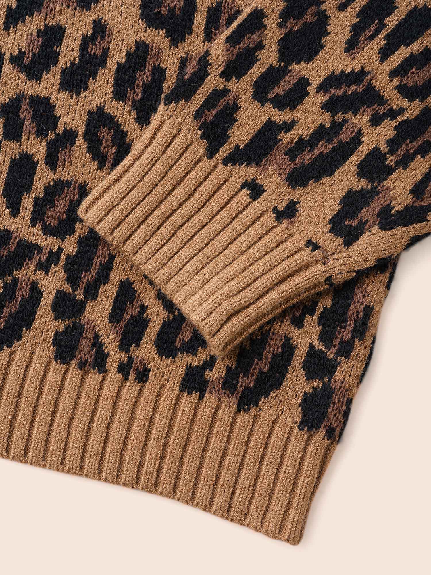 V Neck Leopard Print Jacquard Pullover