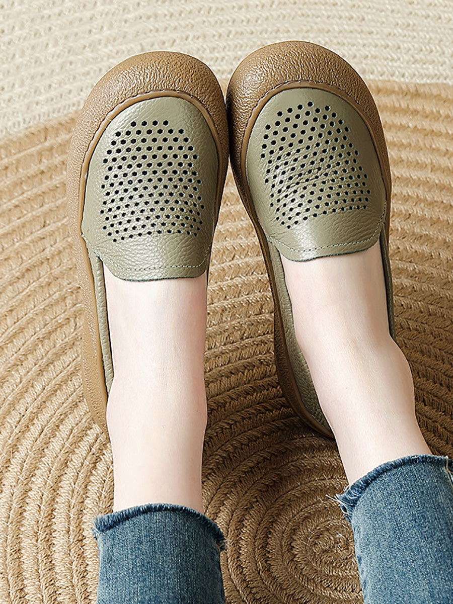 Women Summer Hollow Out Leather Flat Shoes