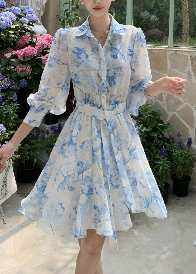 Elegant Blue Peter Pan Collar Print Tie Waist Cotton Blouses Dress Fall