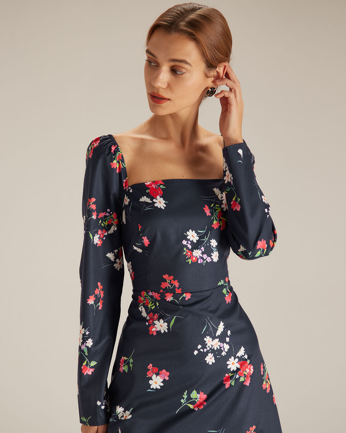 The Navy Square Neck Floral Shirred Midi Dress