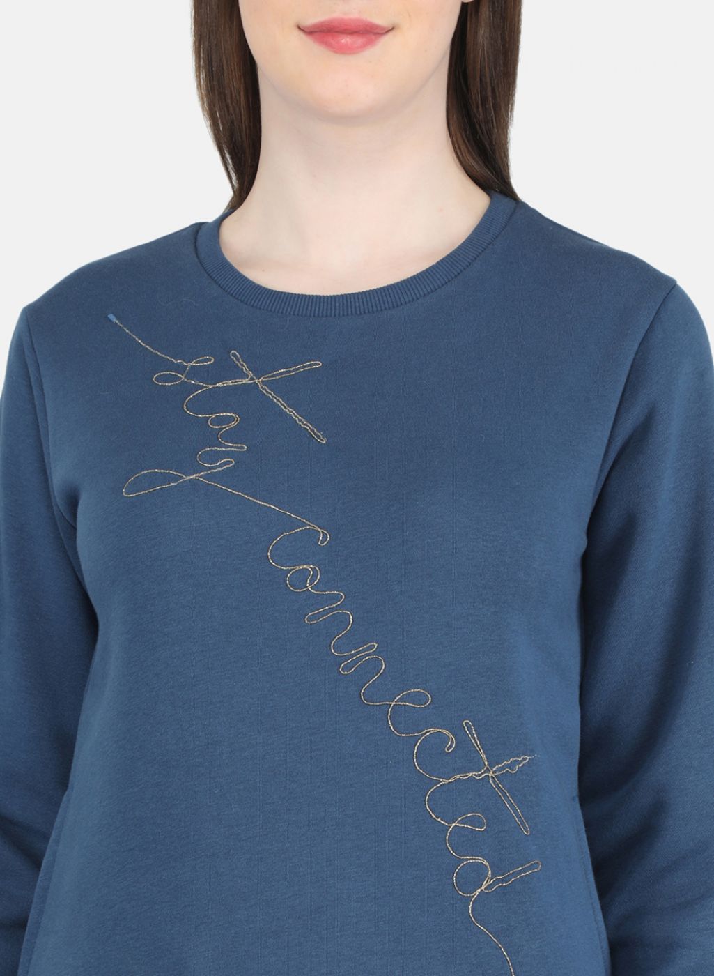 Women Blue Embroidered Round Neck Full Sleeve Sweatshirt