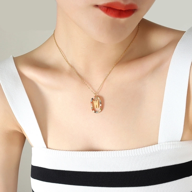 INS Style Letter Oval Titanium Steel Zircon 18K Gold Plated Inlay Necklace