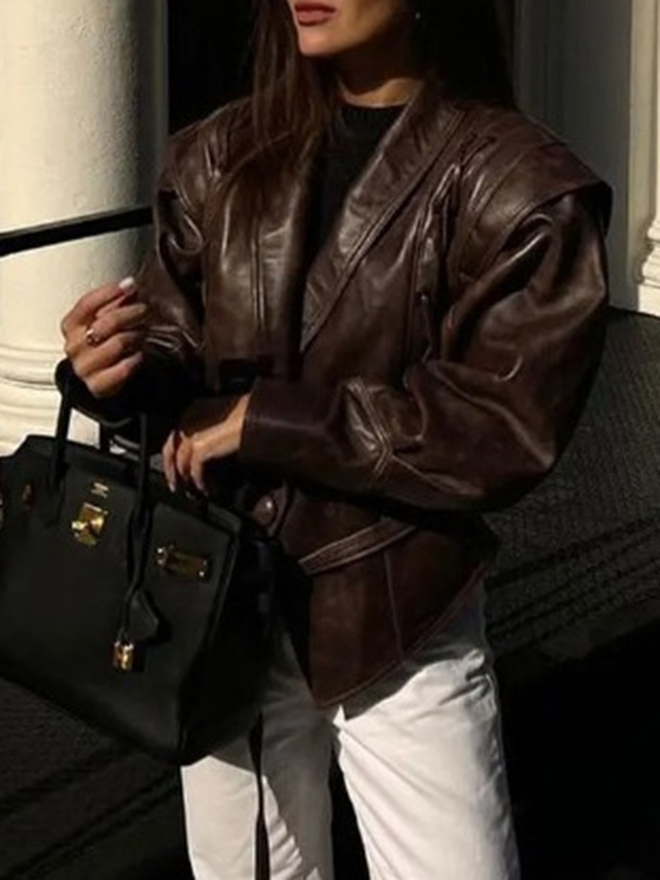 Long Sleeves Loose Split-Joint Tied Waist Lapel Jackets Outerwear