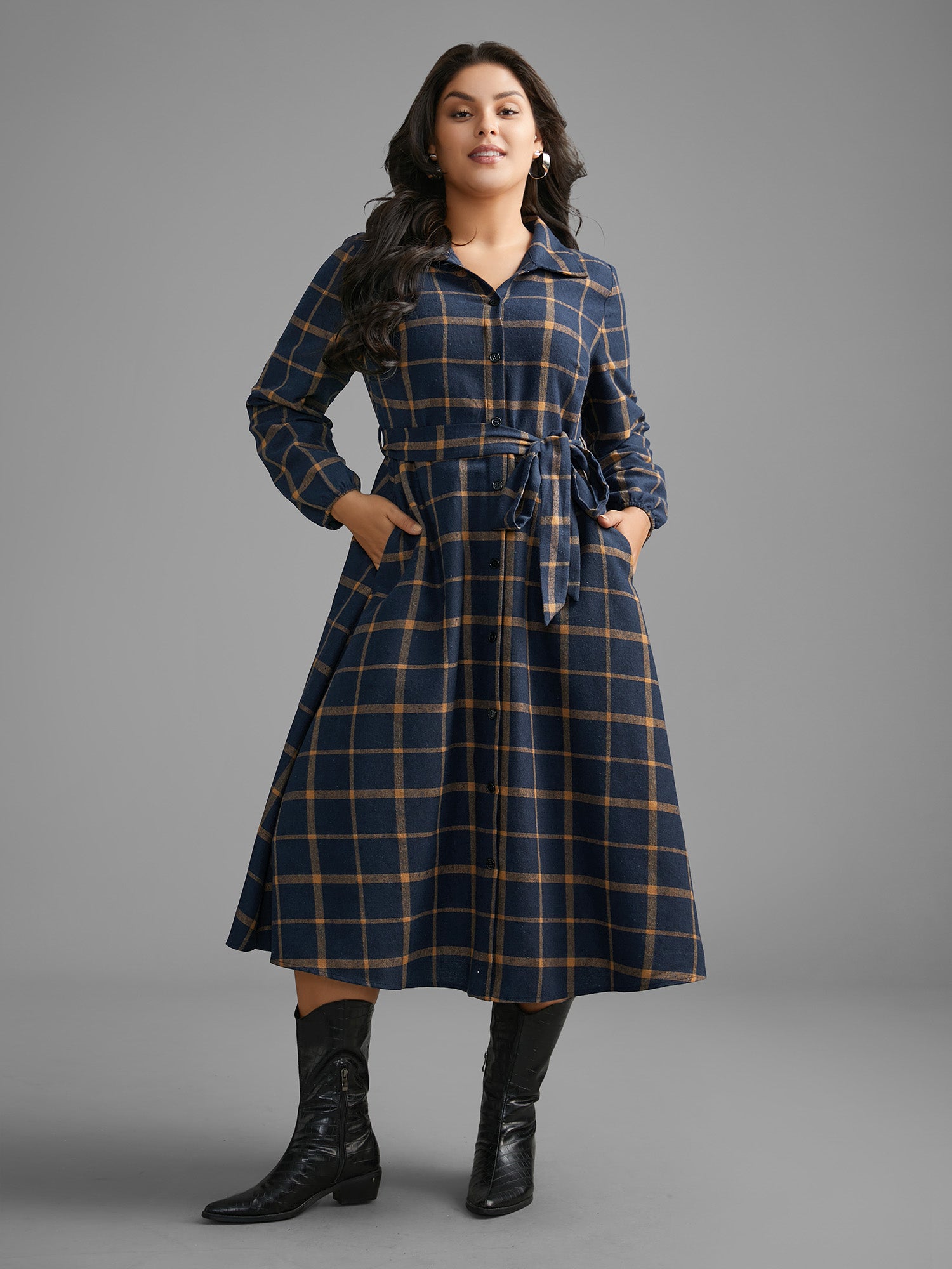Plaid Button Through Belted Dress