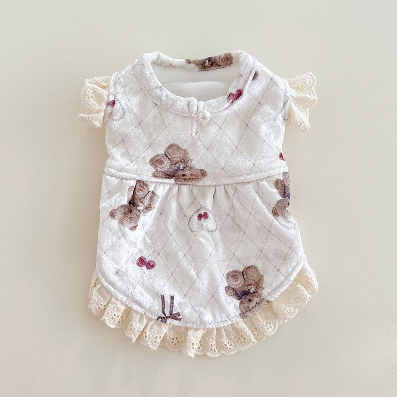 Velvet Lace Bear Printed Dog Cat Dress/Vest