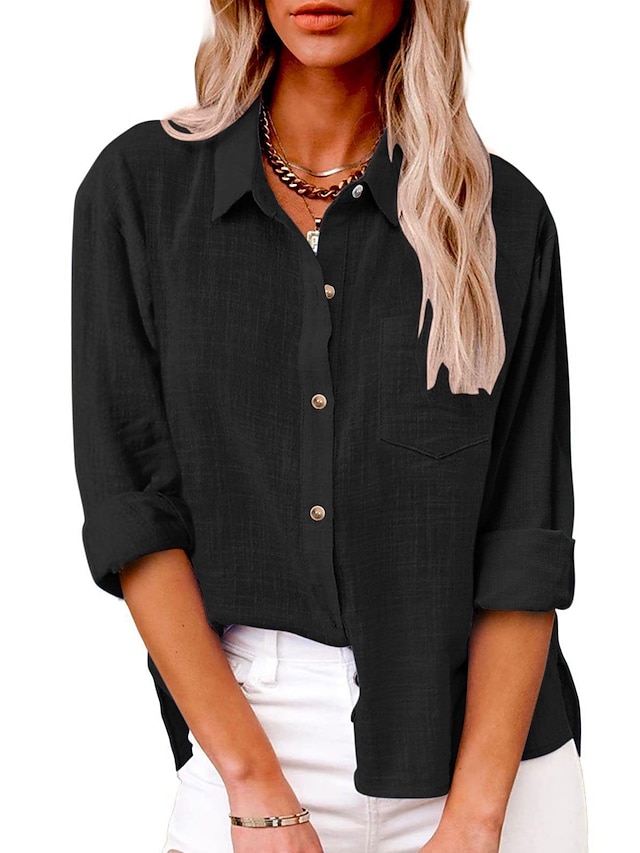 Women's Shirt Blouse Long Cotton Top White Cotton Top Linen Button Pocket Casual Fashion Neon & Bright Long Sleeve Shirt Collar Black Spring &  Fall