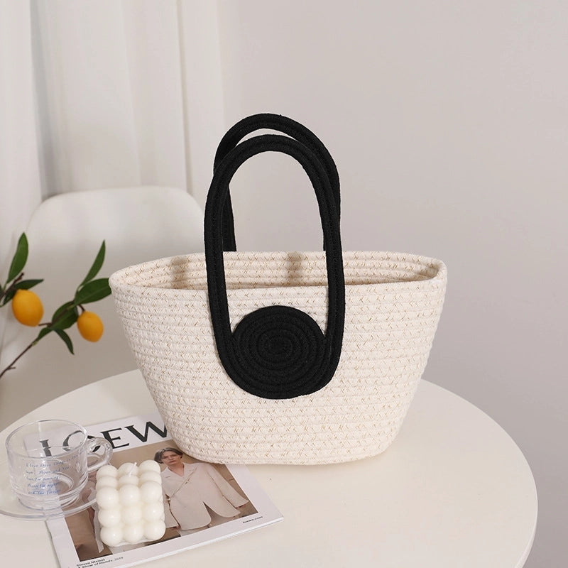 Women's Medium Straw Color Block Vintage Style Square Open Straw Bag