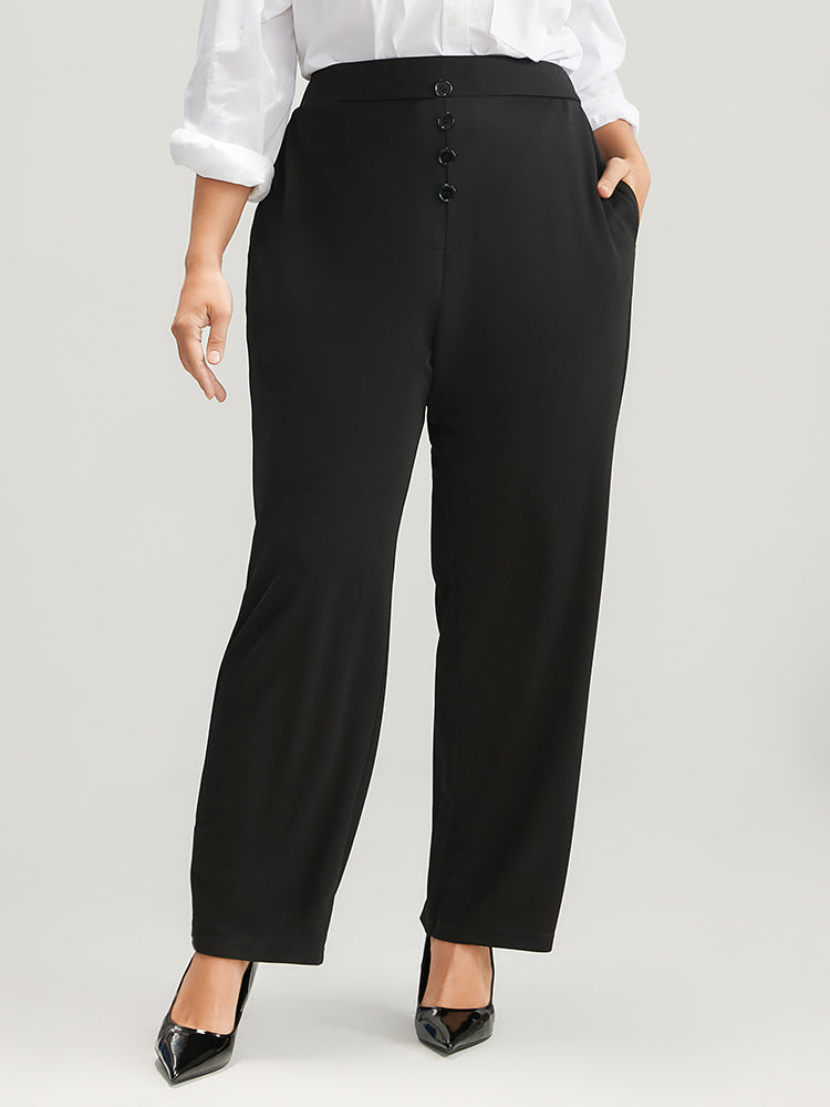 Solid Elastic Waist Fake Button Pocket Pants