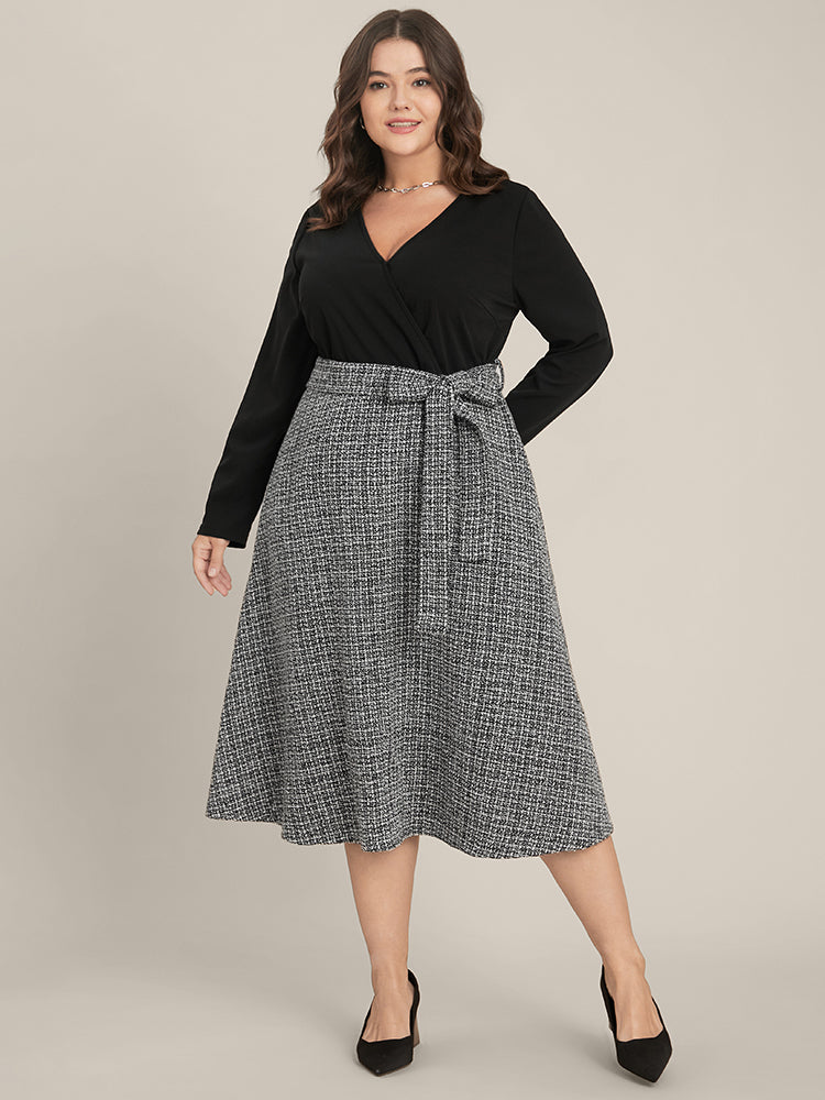 Plaid Patchwork Surplice Neck Belted Tweed Dress
