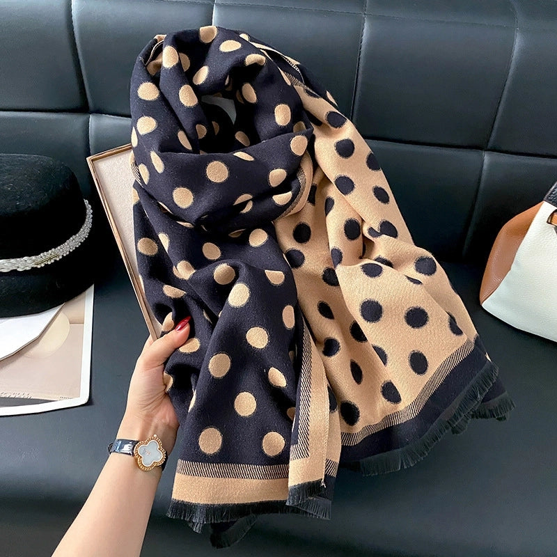 Autumn And Winter Retro Scarf Women's Outer Wear Versatile  Polka Dot Double-sided Color Matching Thick Warm Shawl