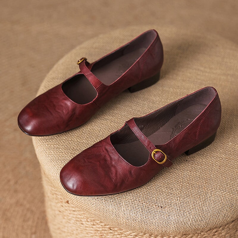 Women's Leather Strappy Mary Jane Low Block Heel in Burgundy/Black/Brown