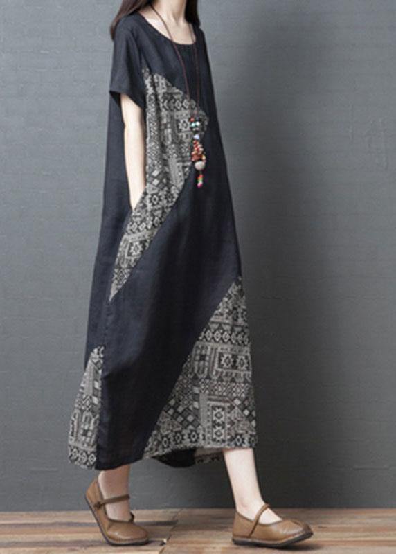Loose Black O-Neck Patchwork Pockets Summer Holiday Dress Short Sleeve