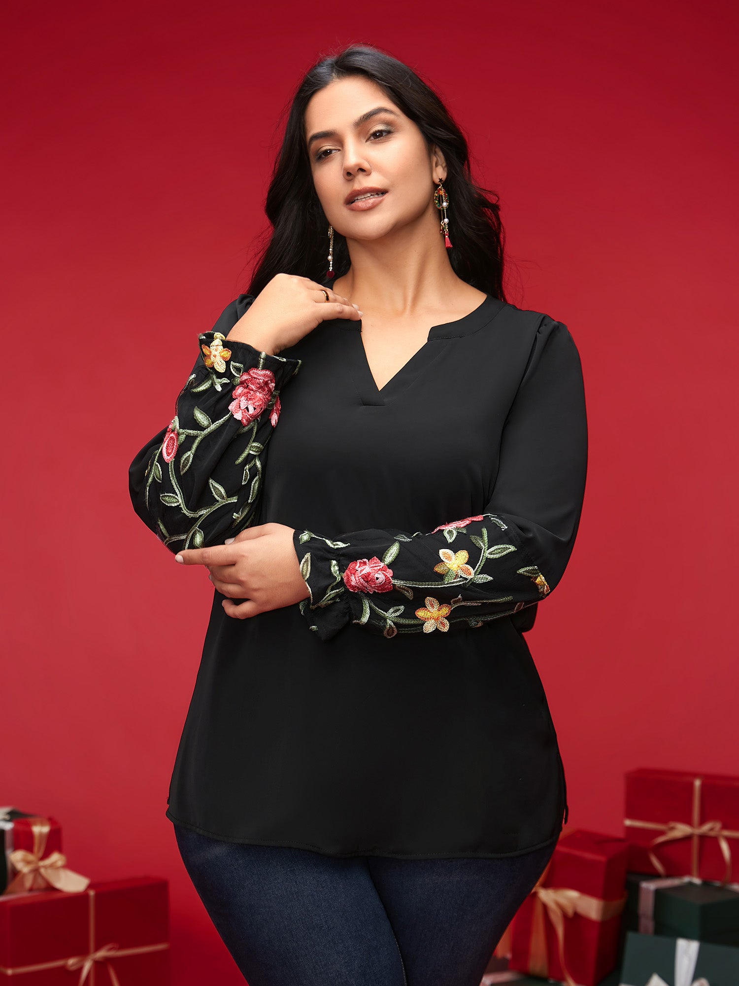 Mesh Floral Embroidered Sleeve Blouse