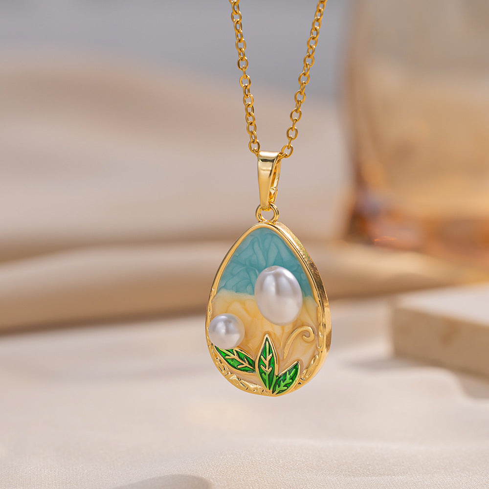 Medieval Monet Garden Necklace Copper Micro-Inlaid Pearl Beads Retro Oil Painting Style Clavicle Chain