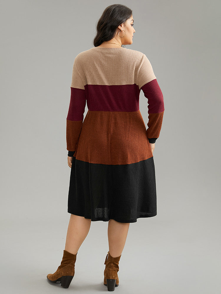 Colorblock Rib Knit Pocket Patchwork Dress