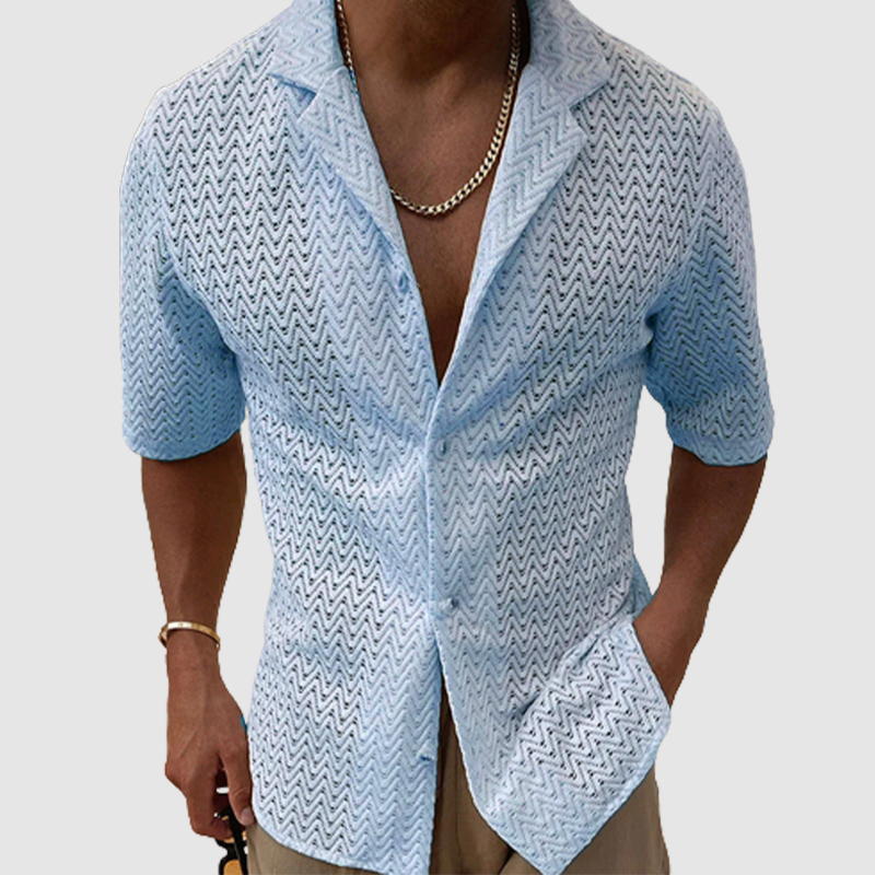 6-Pack Men's summer hollowed-out sweater solid color lapel short sleeve knit shirt