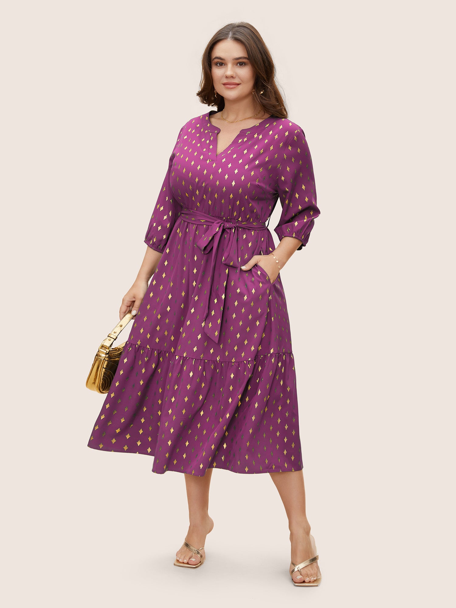 Glitter Notched Lantern Sleeve Midi Dress