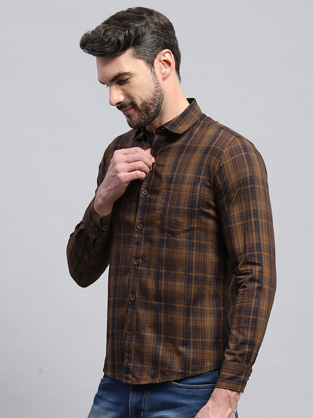 Men Brown Check Collar Full Sleeve Shirt