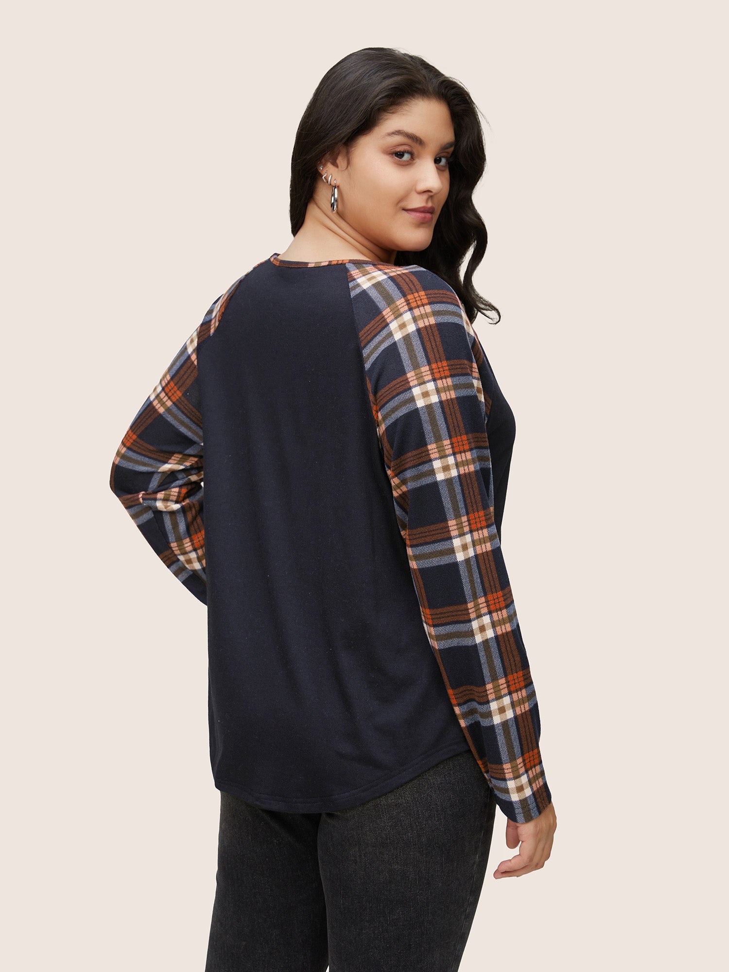 Plaid Patchwork Raglan Sleeve Crisscross T-shirt