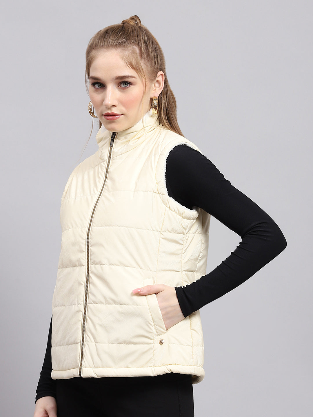 Women Off White Solid Mock Neck Sleeveless Jacket