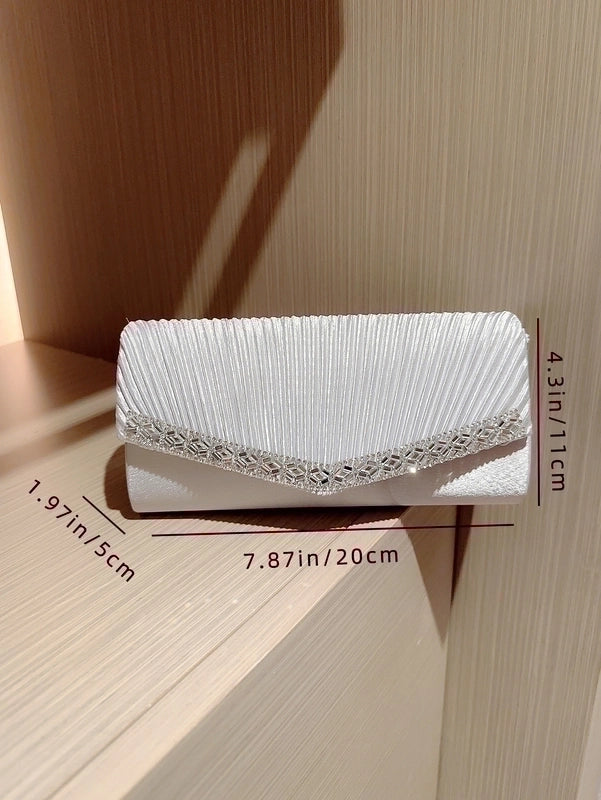 Apricot Silver Polyester Solid Color Rhinestone Square Evening Bags