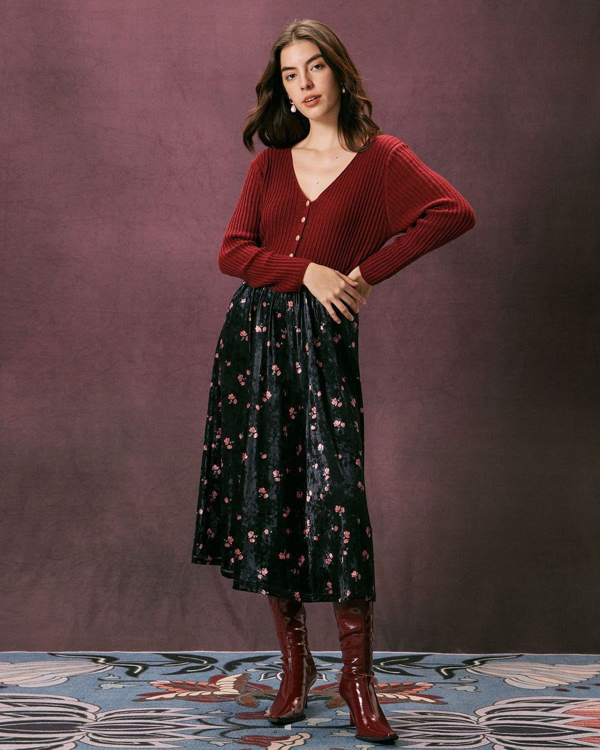 The Red V Neck Ribbed Long Sleeve Cardigan