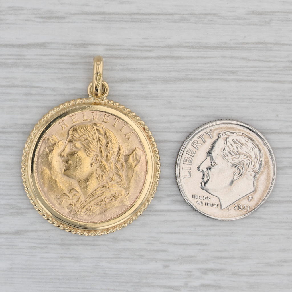 1935 20 Franc Helvetia Swiss Coin 18k Bezel 900 Gold Coin